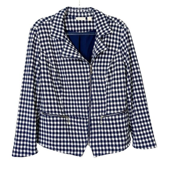 Chicos Gingham Moto Zip Jacket Womens Size 2 US 12 Large Blue White - Picture 1 of 10